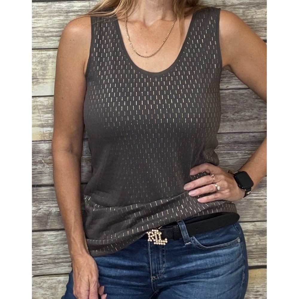 Banana Republic Tank Top S Small Grey Gold Metallic Foil Dash Scoop Neck